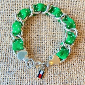 Tommy Hilfiger silvertone chain link ribbon bracelet green with white polka dots